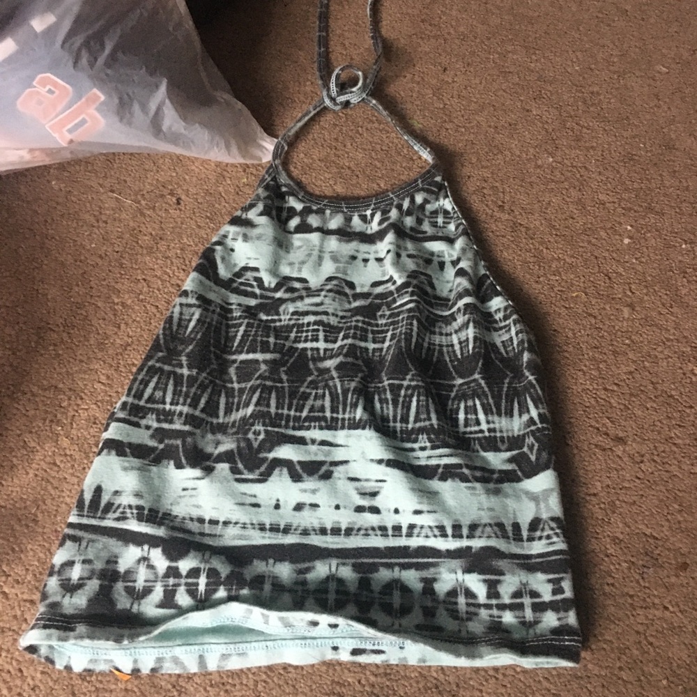 Turquoise print wrap around neck crop